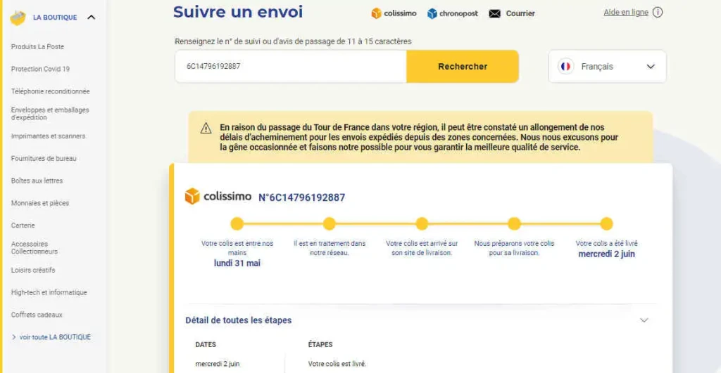 la livraison de votre colis est prévue au plus tard
